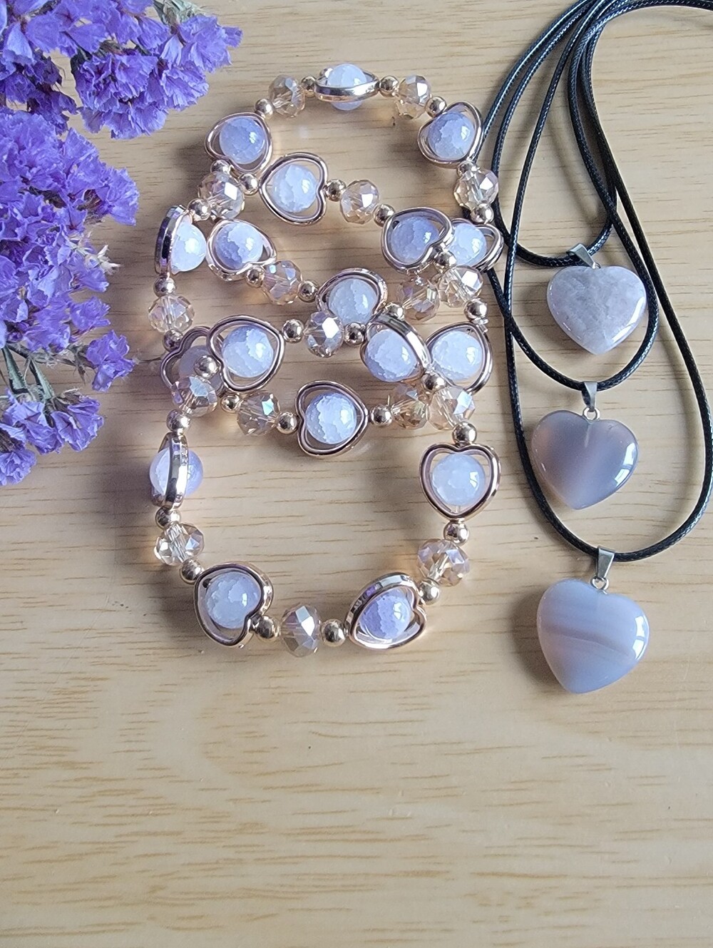 Handcrafted Set Of 6 Heart Bling Stretch Bracelet & Stone Heart Pendant Set -